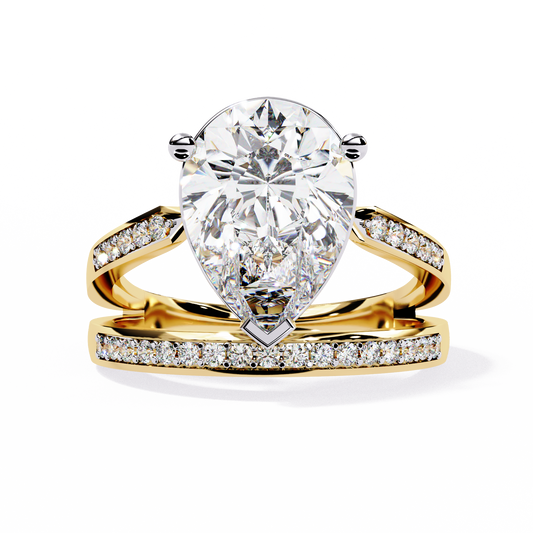Pear-Shaped Diamond Solitaire with Pave Enhancer Band in Gold - 5.78 Ct