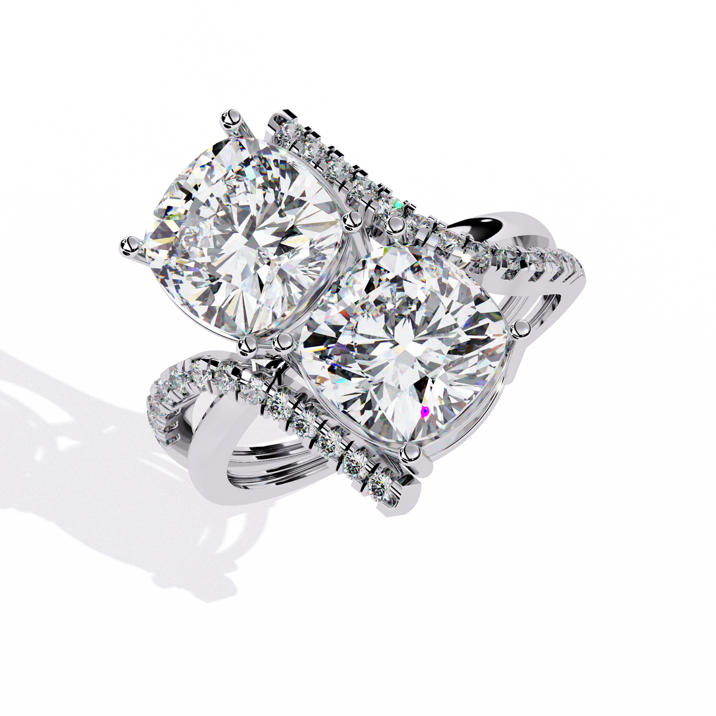 Luxurious Toi Et Moi Bypass Ring with Cushion-Cut Diamonds - 5.04 Ct