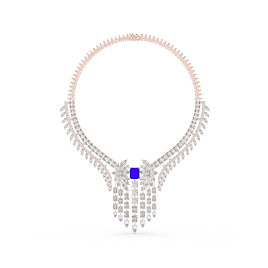 Yellow Gold Royal Blue Statement Necklace | Multi Shape Diamond Choker 82.28ctw