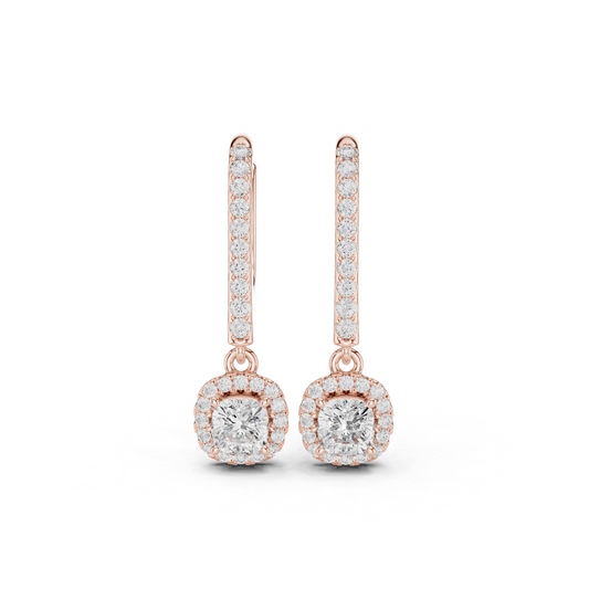 0.80 Carat Cushion Cut Diamond Halo Drop Huggie Earrings - Yellow Gold