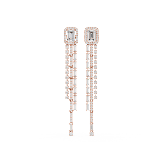 Emerald-Cut Halo Tassel Earrings with Gold & Diamond Baguette Fringe : 4.25CTW