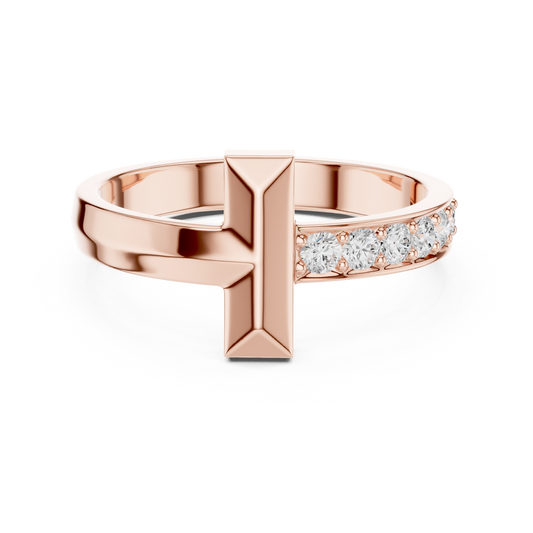 Yellow Gold T-Motif Diamond Ring 0.21ct Geometric Statement Band