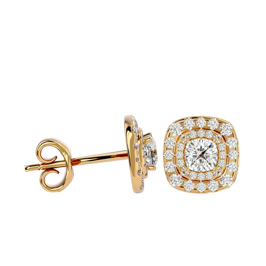 Golden Double Halo Stud Earrings - 2.20 Ct Round Brilliant Cut Diamond