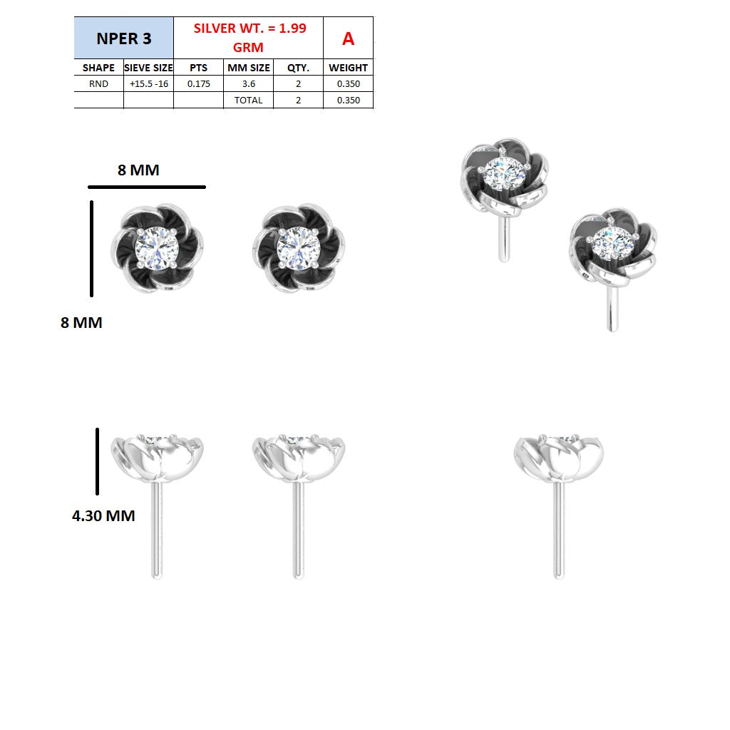 Sterling silver Woman's flower stud earing with 0.36ct round diamond.