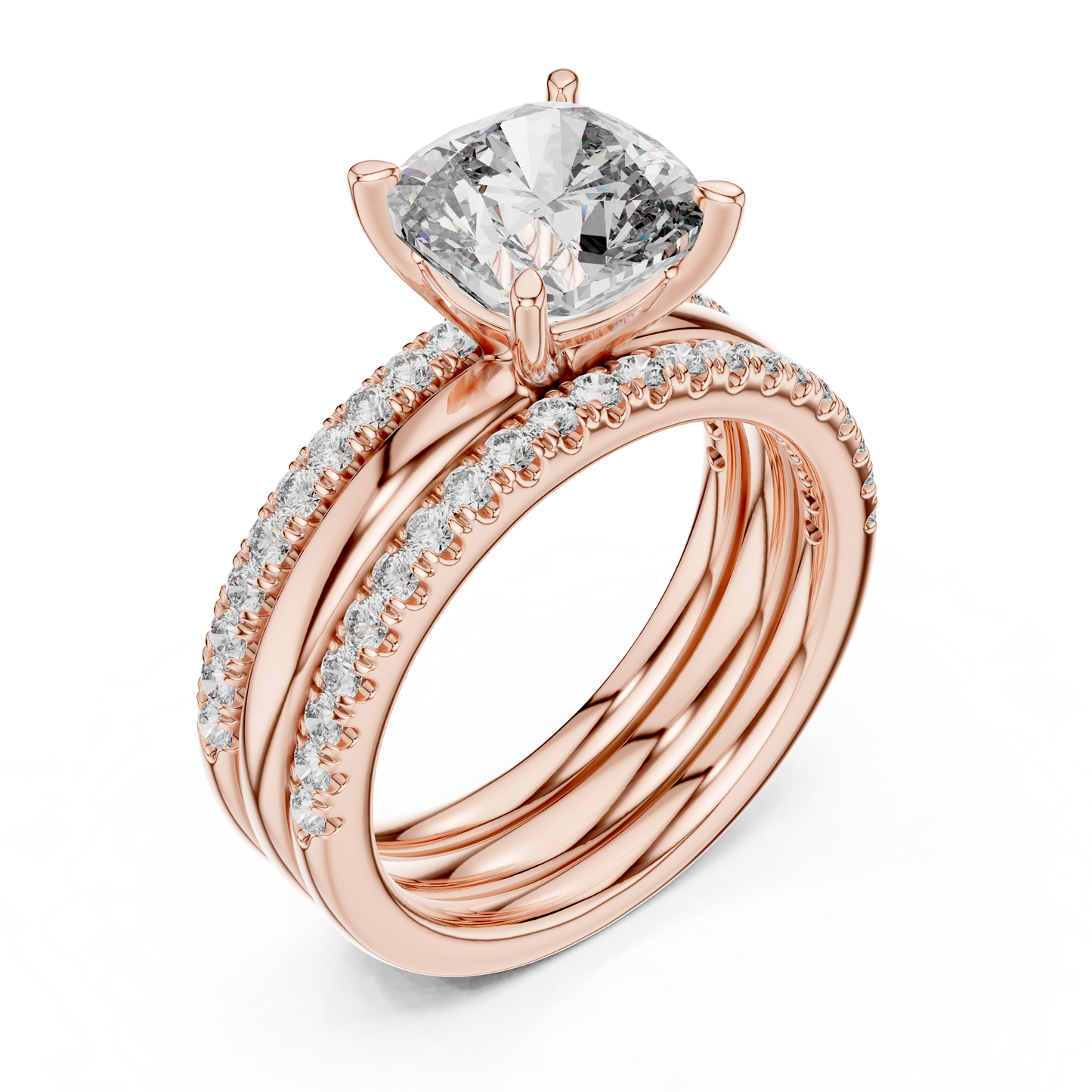 Cushion Cut Diamond Triple Row Engagement Ring in Yellow Gold