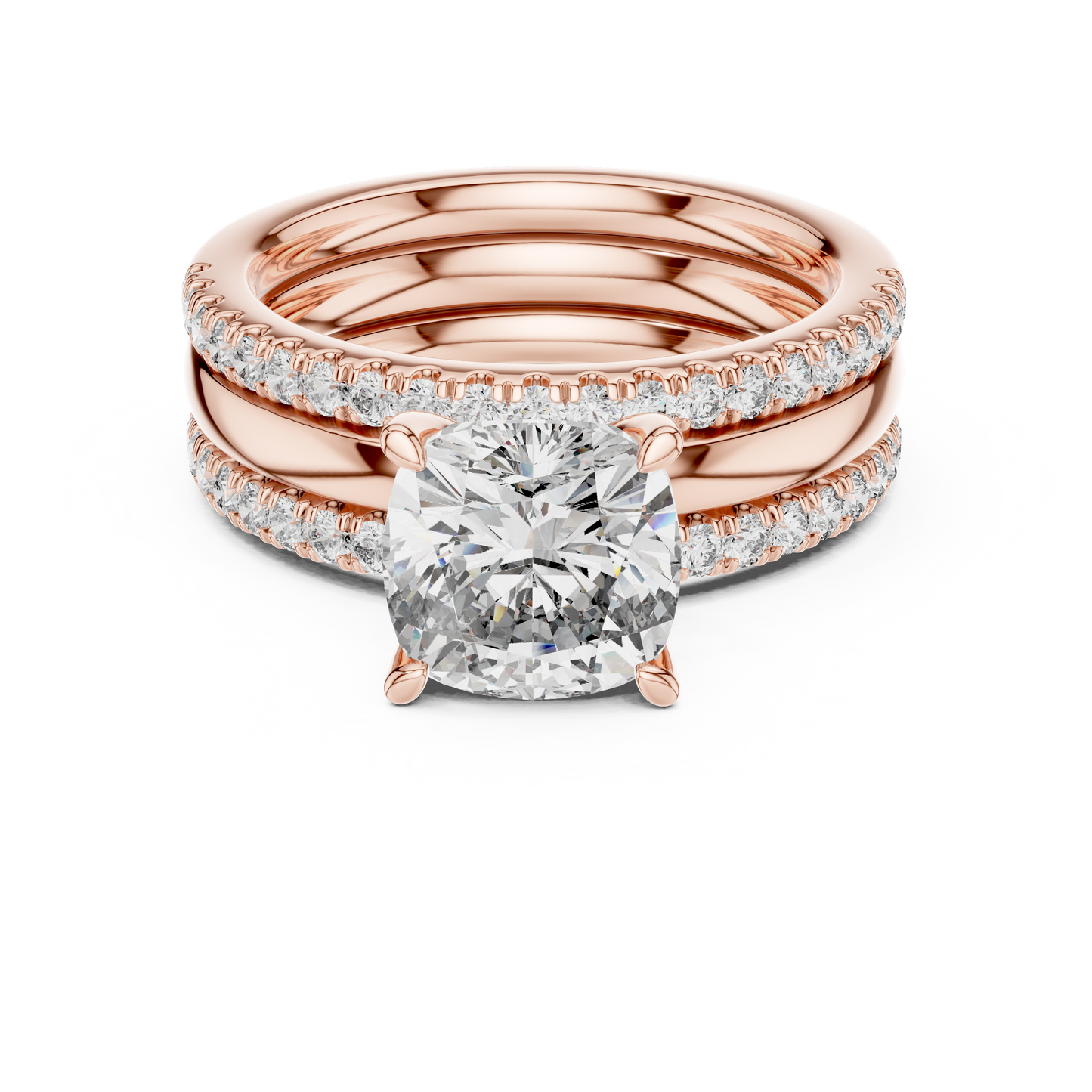 Cushion Cut Diamond Triple Row Engagement Ring in Yellow Gold