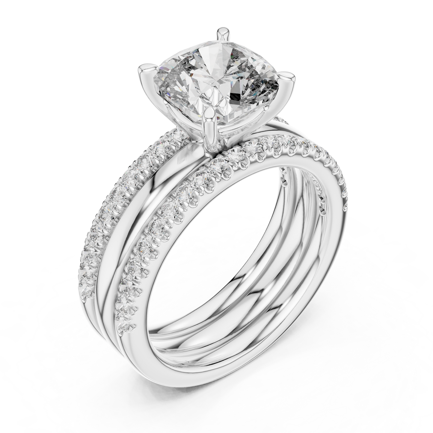 Cushion Cut Diamond Triple Row Engagement Ring in Yellow Gold