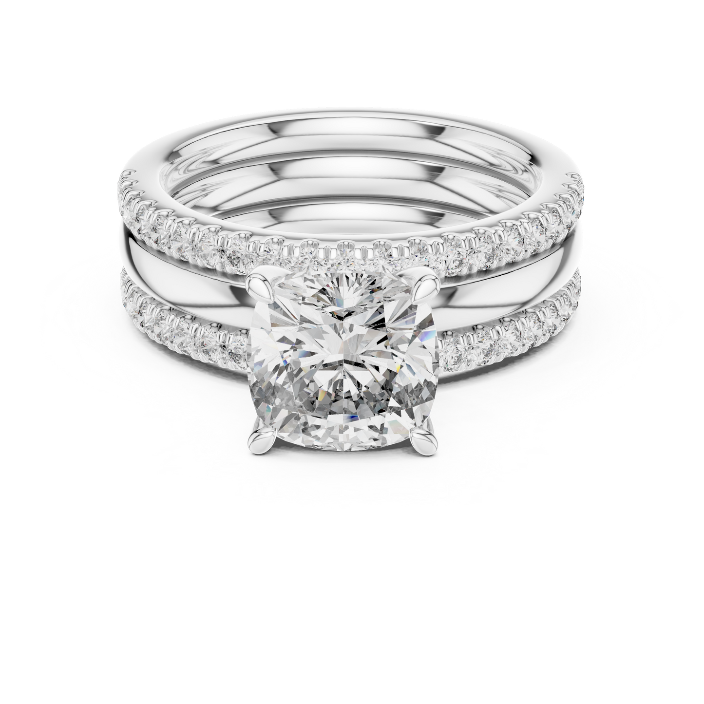 Cushion Cut Diamond Triple Row Engagement Ring in Yellow Gold