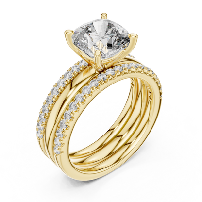 Cushion Cut Diamond Triple Row Engagement Ring in Yellow Gold