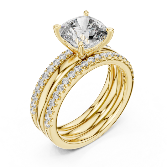 Cushion Cut Diamond Triple Row Engagement Ring in Yellow Gold