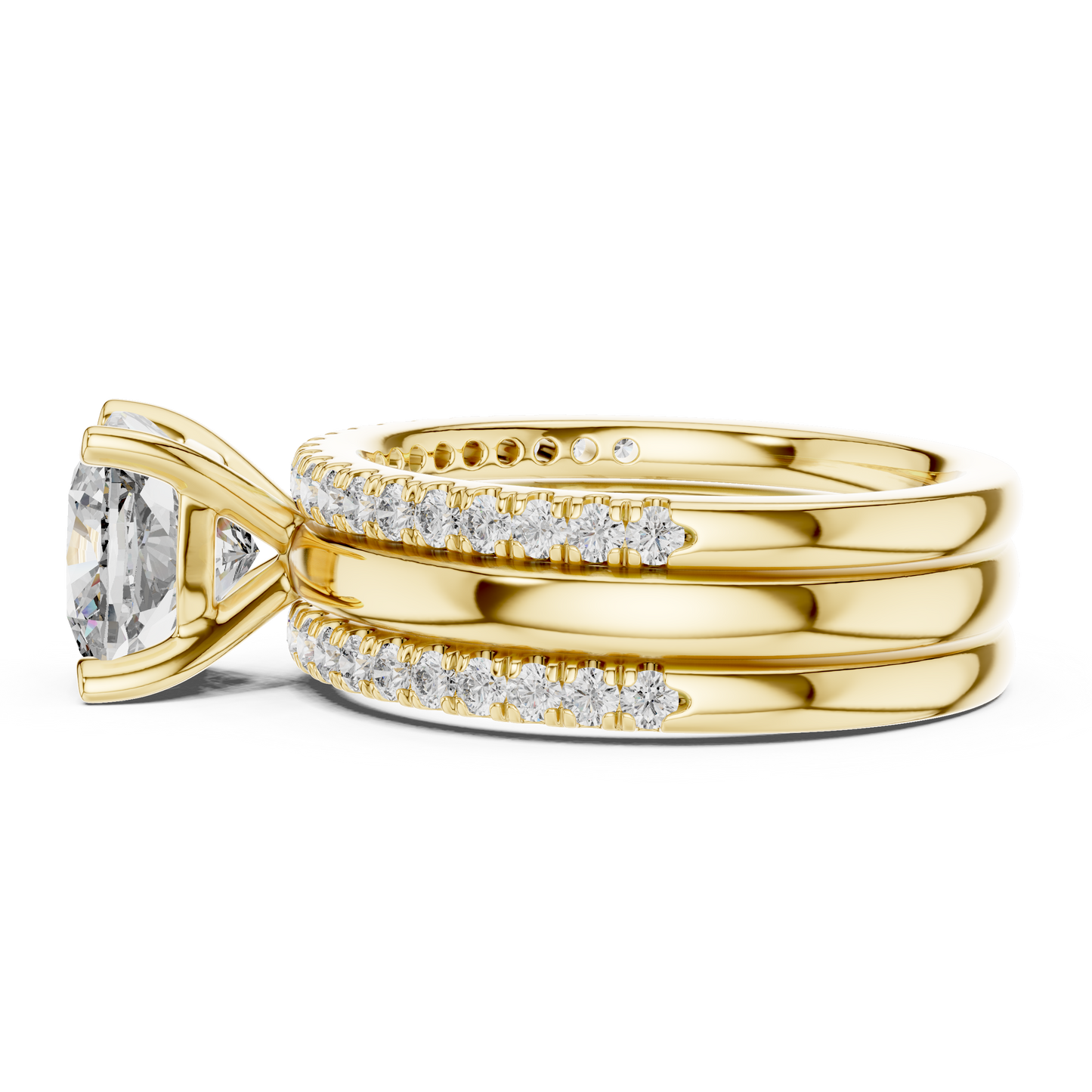 Cushion Cut Diamond Triple Row Engagement Ring in Yellow Gold