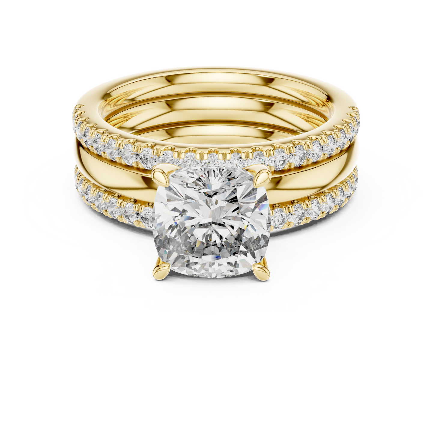 Cushion Cut Diamond Triple Row Engagement Ring in Yellow Gold