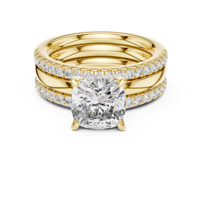 Cushion Cut Diamond Triple Row Engagement Ring in Yellow Gold
