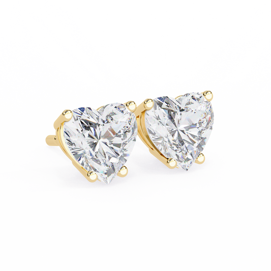 Yellow Gold Heart Cut Diamond Solitaire Stud Earrings - 2.43 Carat