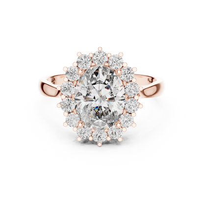 2.56CTW Oval Cut Diamond Sunburst Halo Engagement Ring in Yellow Gold
