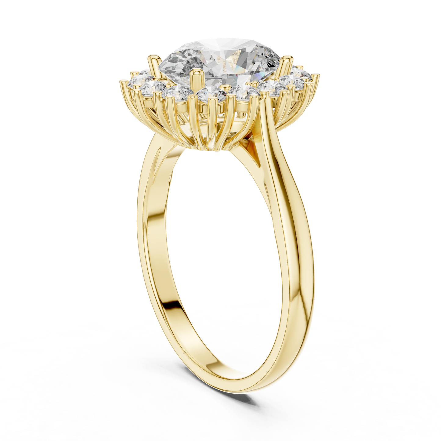 2.56CTW Oval Cut Diamond Sunburst Halo Engagement Ring in Yellow Gold