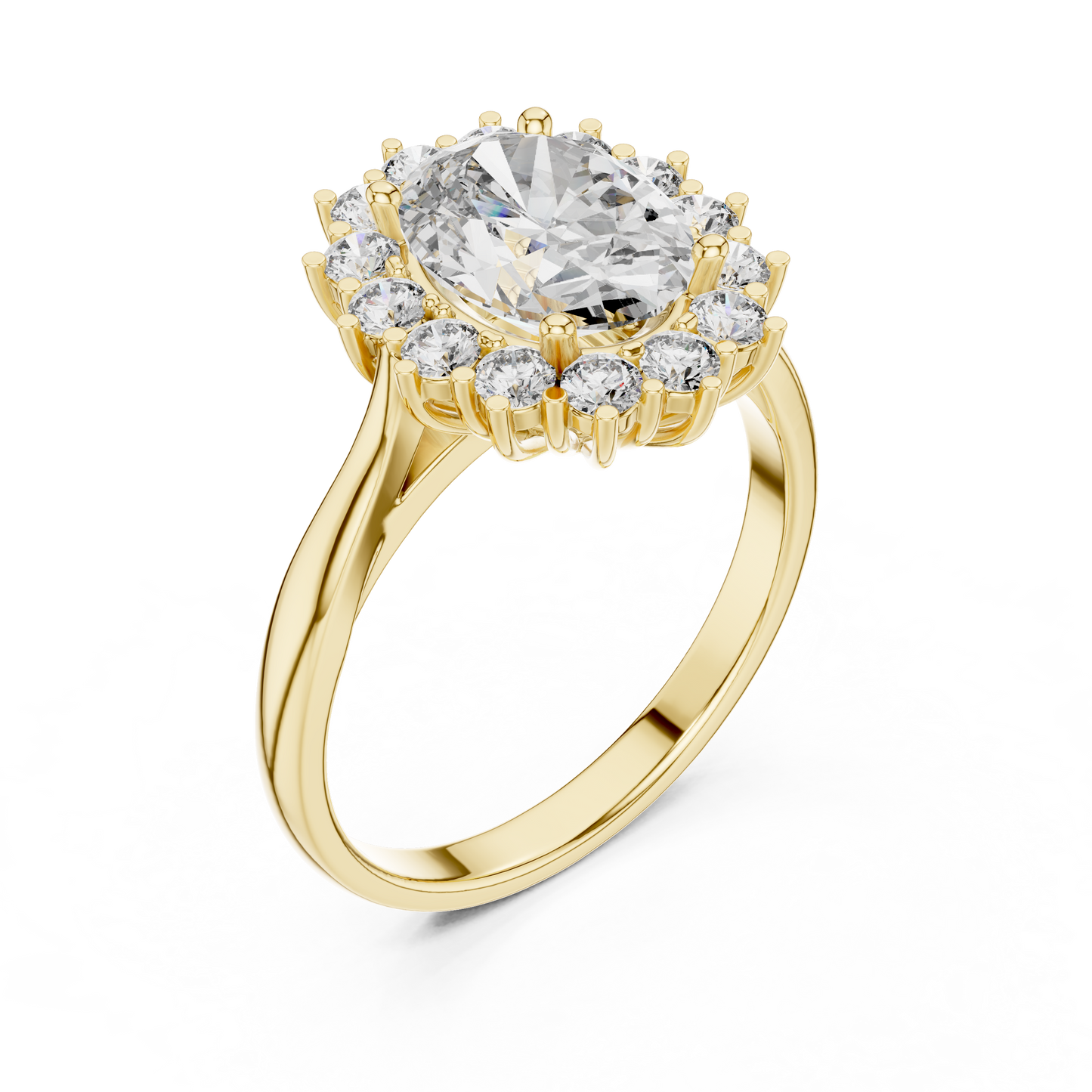 2.56CTW Oval Cut Diamond Sunburst Halo Engagement Ring in Yellow Gold