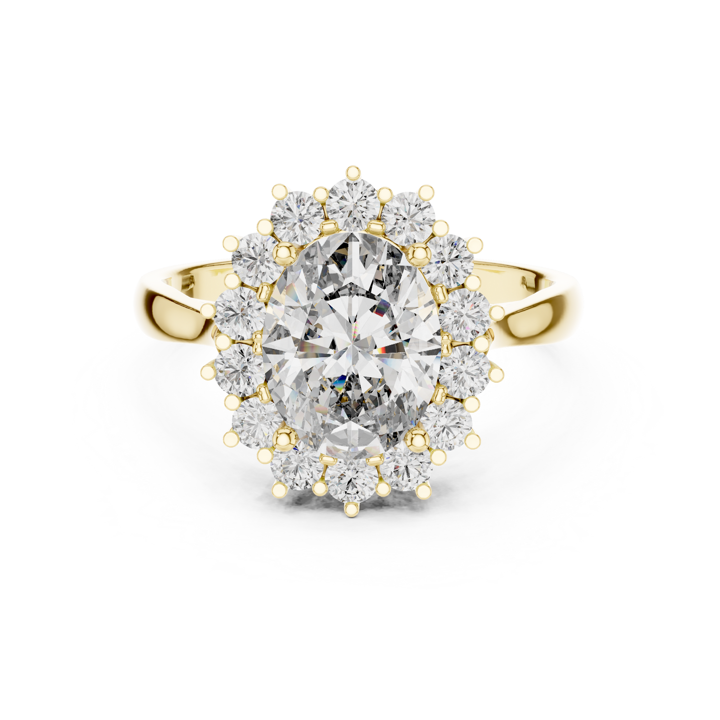 2.56CTW Oval Cut Diamond Sunburst Halo Engagement Ring in Yellow Gold