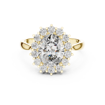 2.56CTW Oval Cut Diamond Sunburst Halo Engagement Ring in Yellow Gold