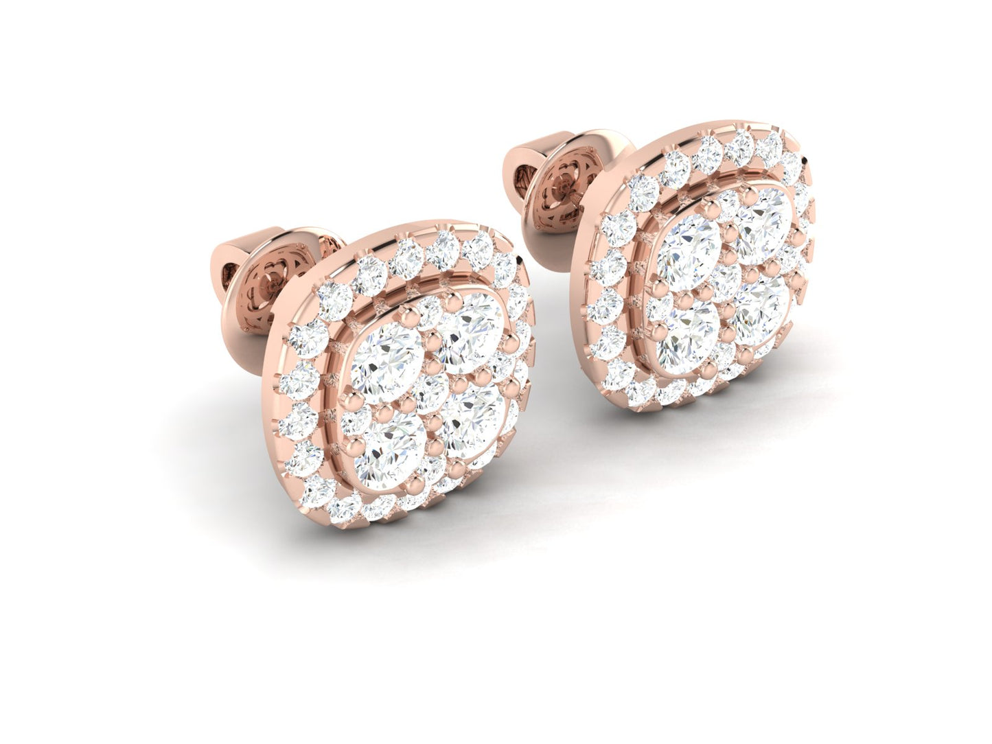 Square Halo Cluster Studs Earrings In Rose Gold - 1.41 Ct Round Brilliant Cut Diamonds