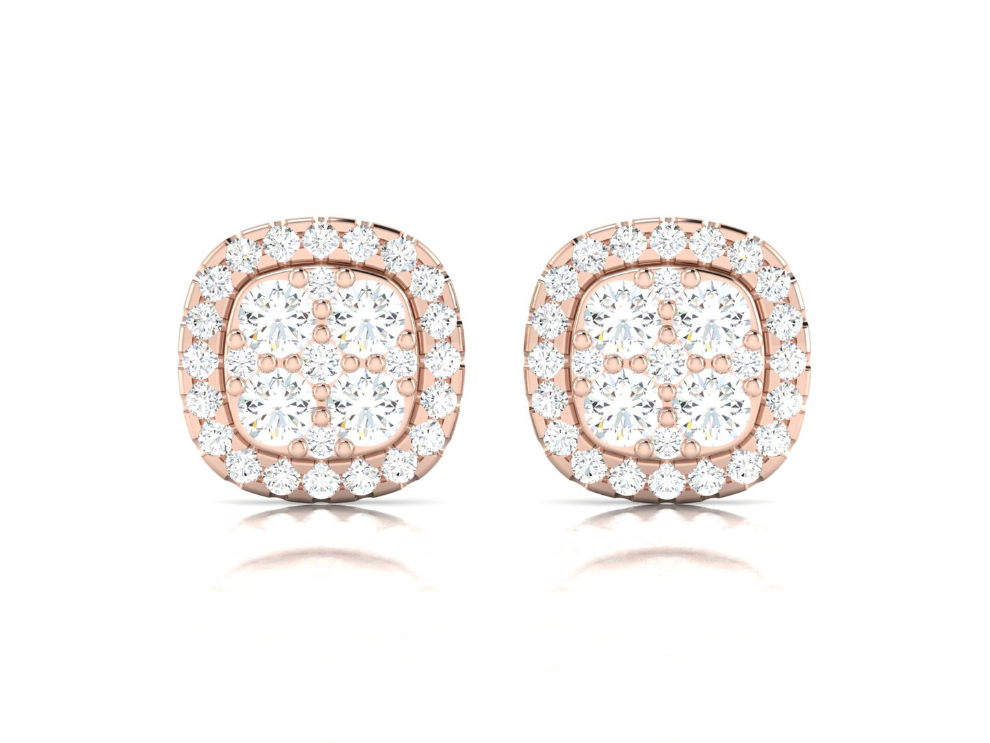 Square Halo Cluster Studs Earrings In Rose Gold - 1.41 Ct Round Brilliant Cut Diamonds