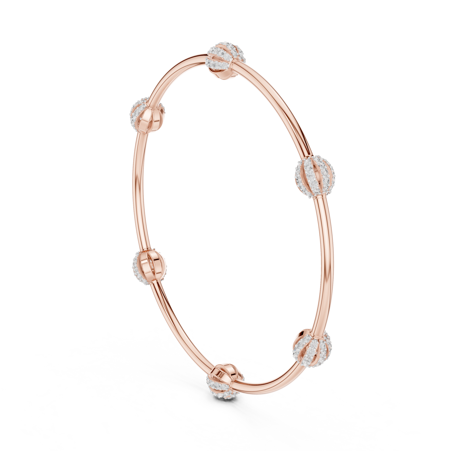 1.26CTW Ribbed Diamond Ball Station Bangle - Yellow Gold