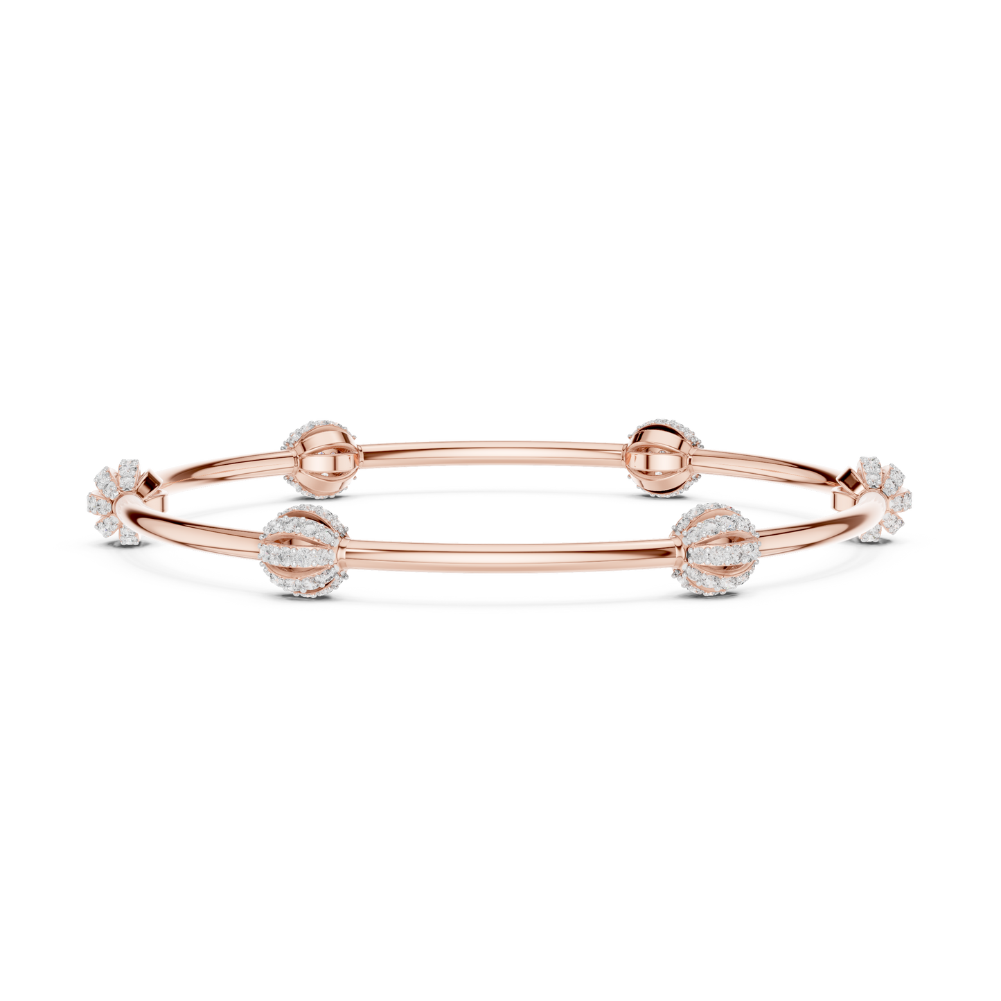 1.26CTW Ribbed Diamond Ball Station Bangle - Yellow Gold