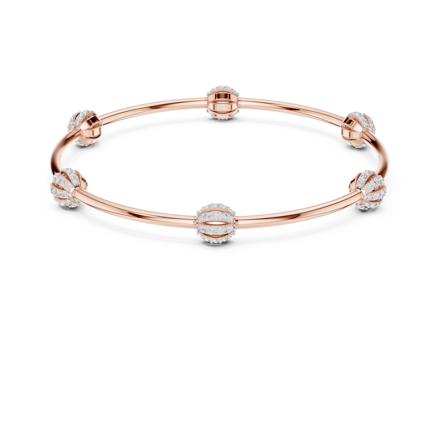 1.26CTW Ribbed Diamond Ball Station Bangle - Yellow Gold Bracelet