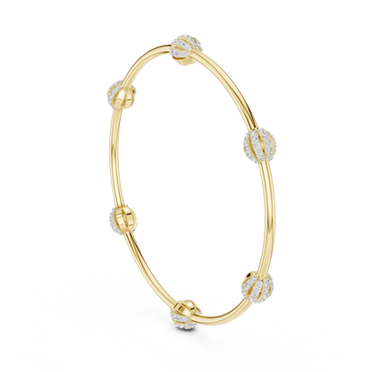 1.26CTW Ribbed Diamond Ball Station Bangle - Yellow Gold Bracelet