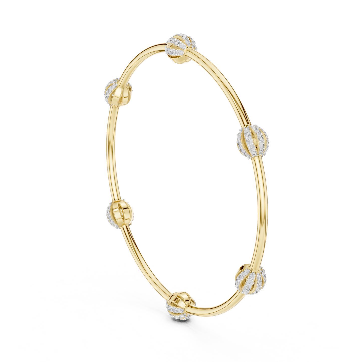 1.26CTW Ribbed Diamond Ball Station Bangle - Yellow Gold