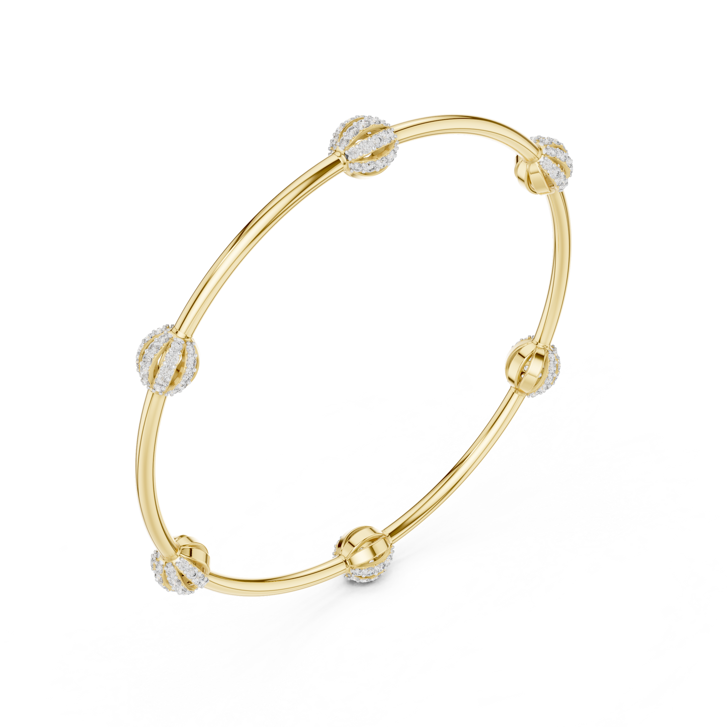 1.26CTW Ribbed Diamond Ball Station Bangle - Yellow Gold Bracelet