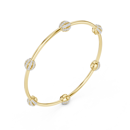 1.26CTW Ribbed Diamond Ball Station Bangle - Yellow Gold