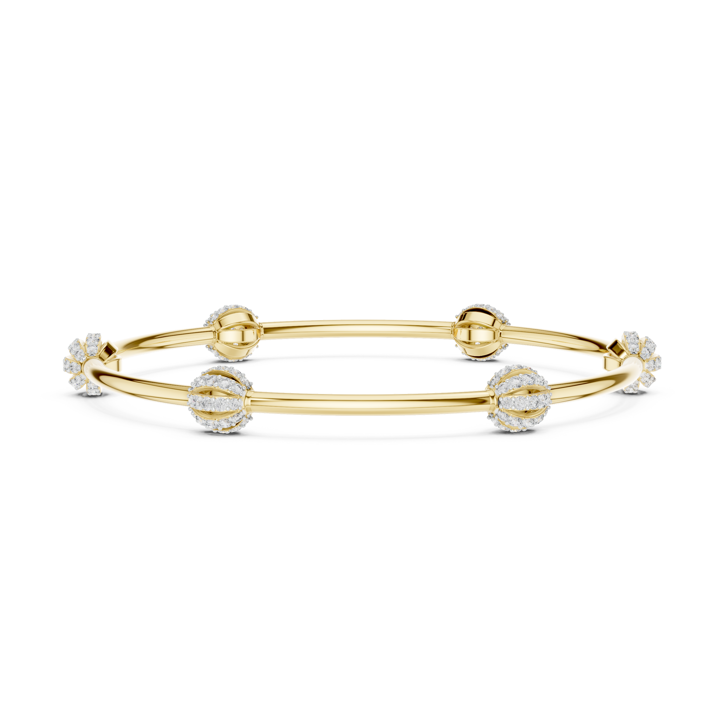 1.26CTW Ribbed Diamond Ball Station Bangle - Yellow Gold