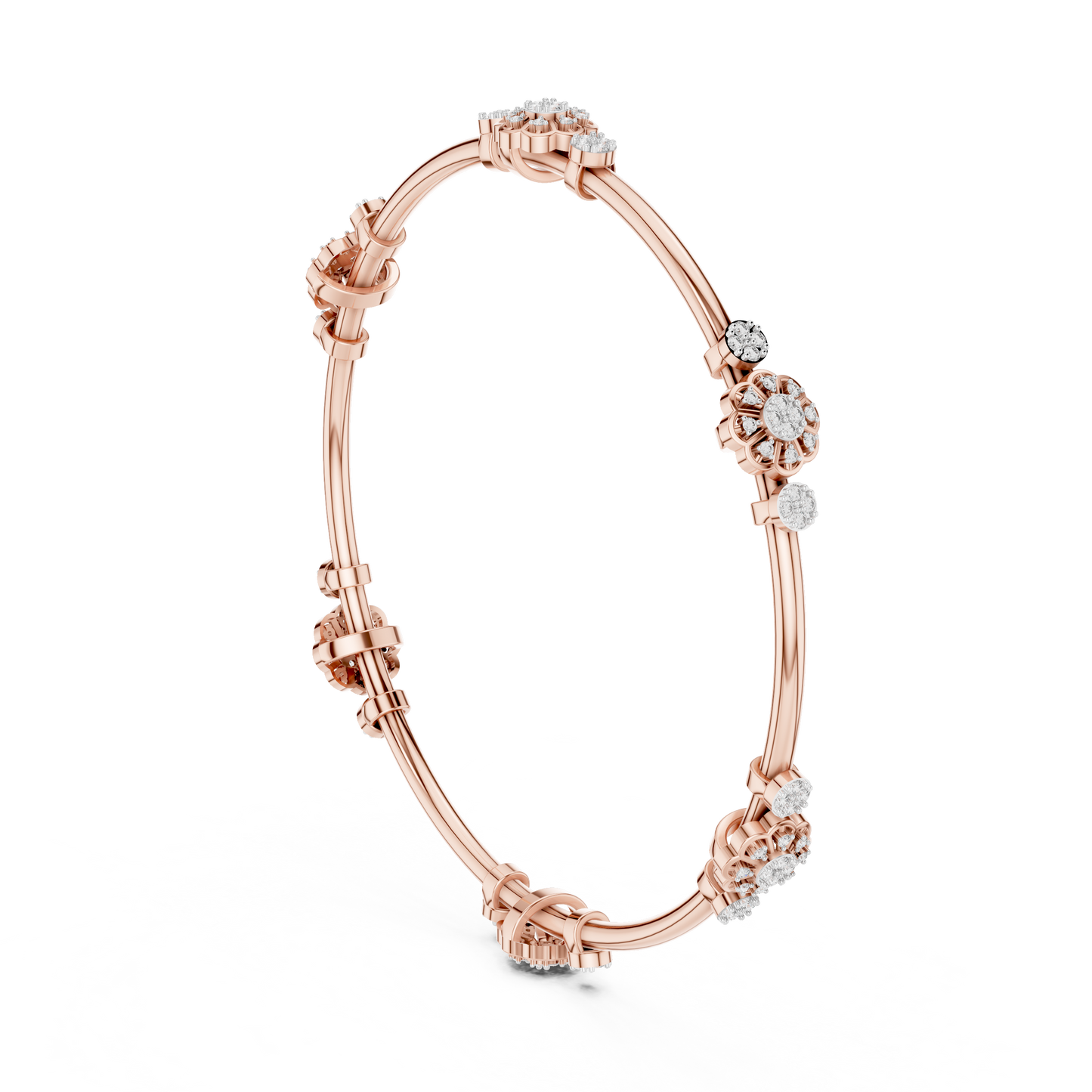 0.82CTW Floral Cluster Diamond Station Bangle - Yellow Gold Bracelet