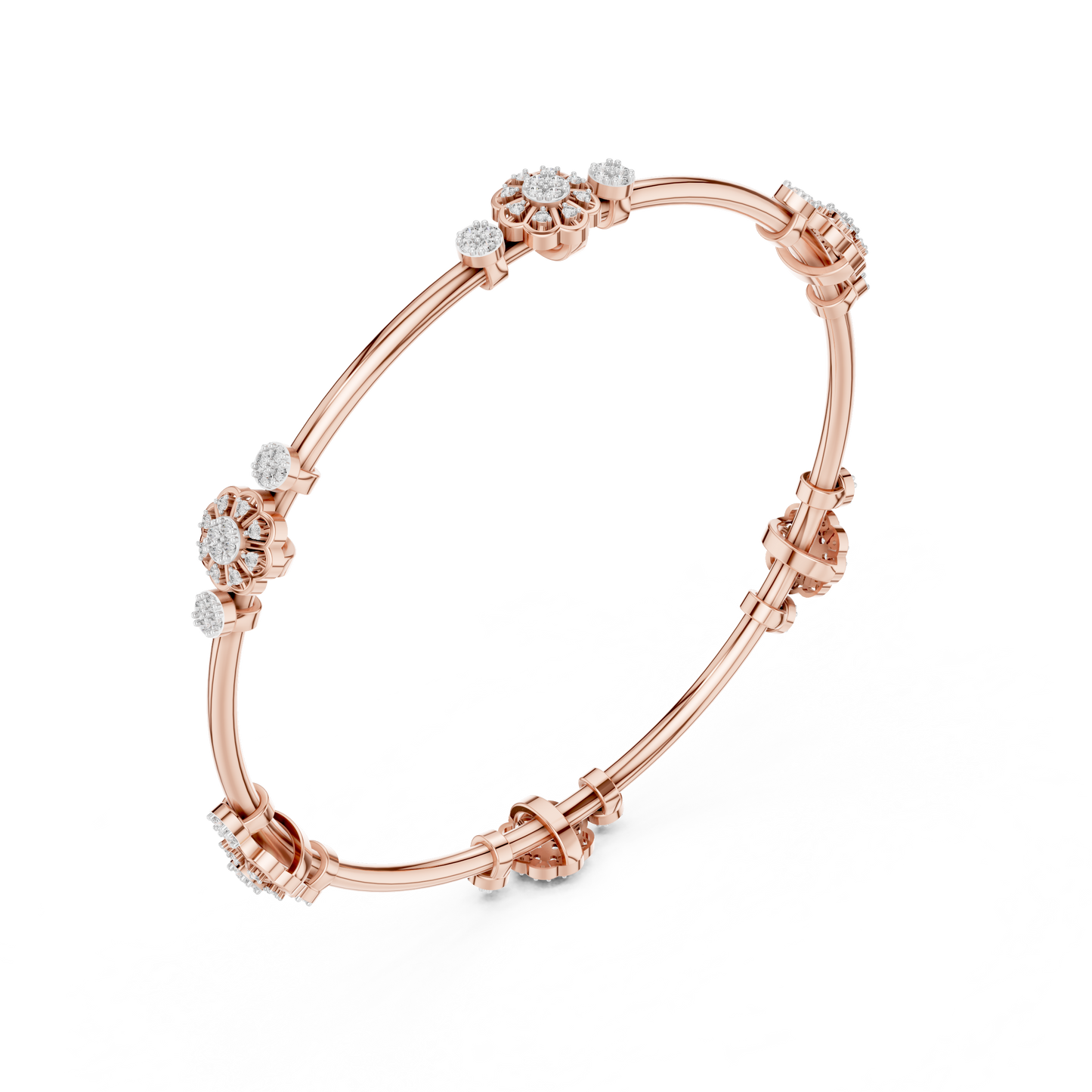 0.82CTW Floral Cluster Diamond Station Bangle - Yellow Gold Bracelet