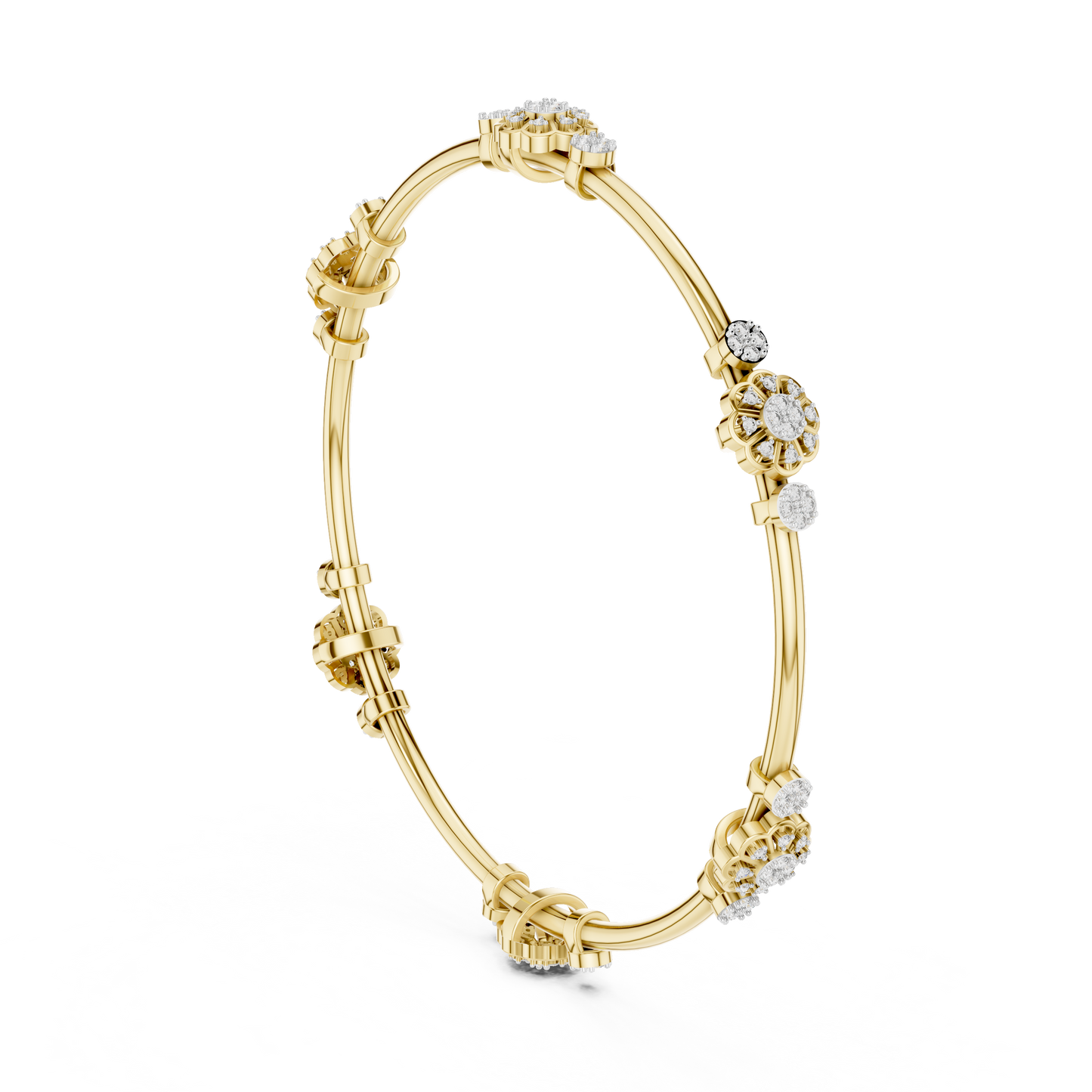 0.82CTW Floral Cluster Diamond Station Bangle - Yellow Gold Bracelet