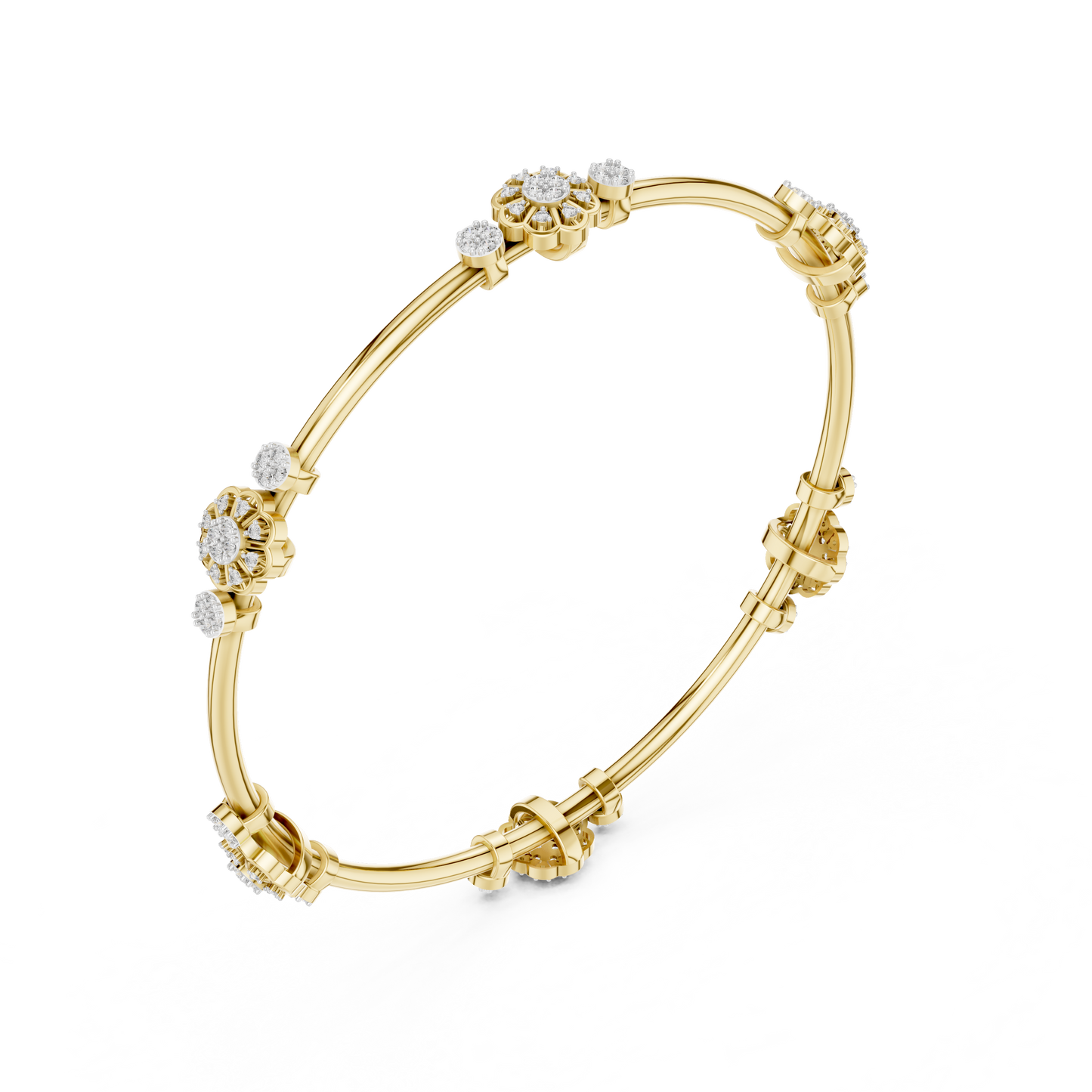 0.82CTW Floral Cluster Diamond Station Bangle - Yellow Gold Bracelet