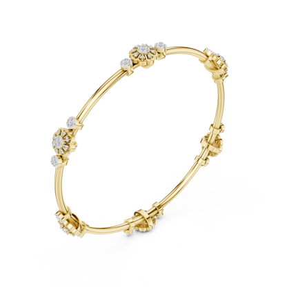 0.82CTW Floral Cluster Diamond Station Bangle - Yellow Gold Bracelet