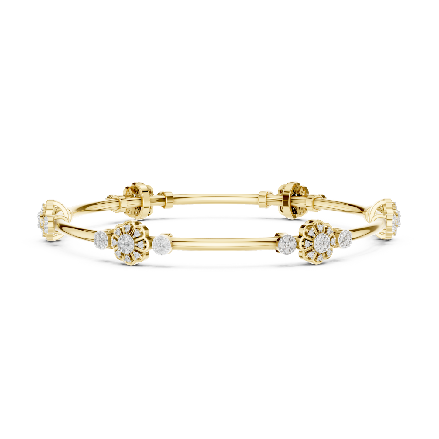 0.82CTW Floral Cluster Diamond Station Bangle - Yellow Gold Bracelet