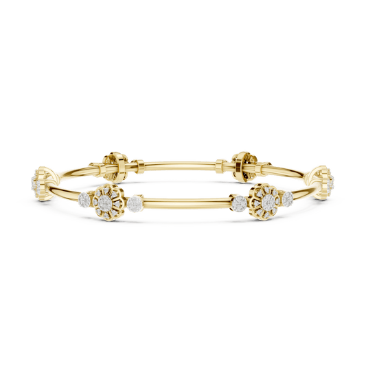 0.82 Carat Floral Cluster Diamond Station Bangle - Yellow Gold Bracelet