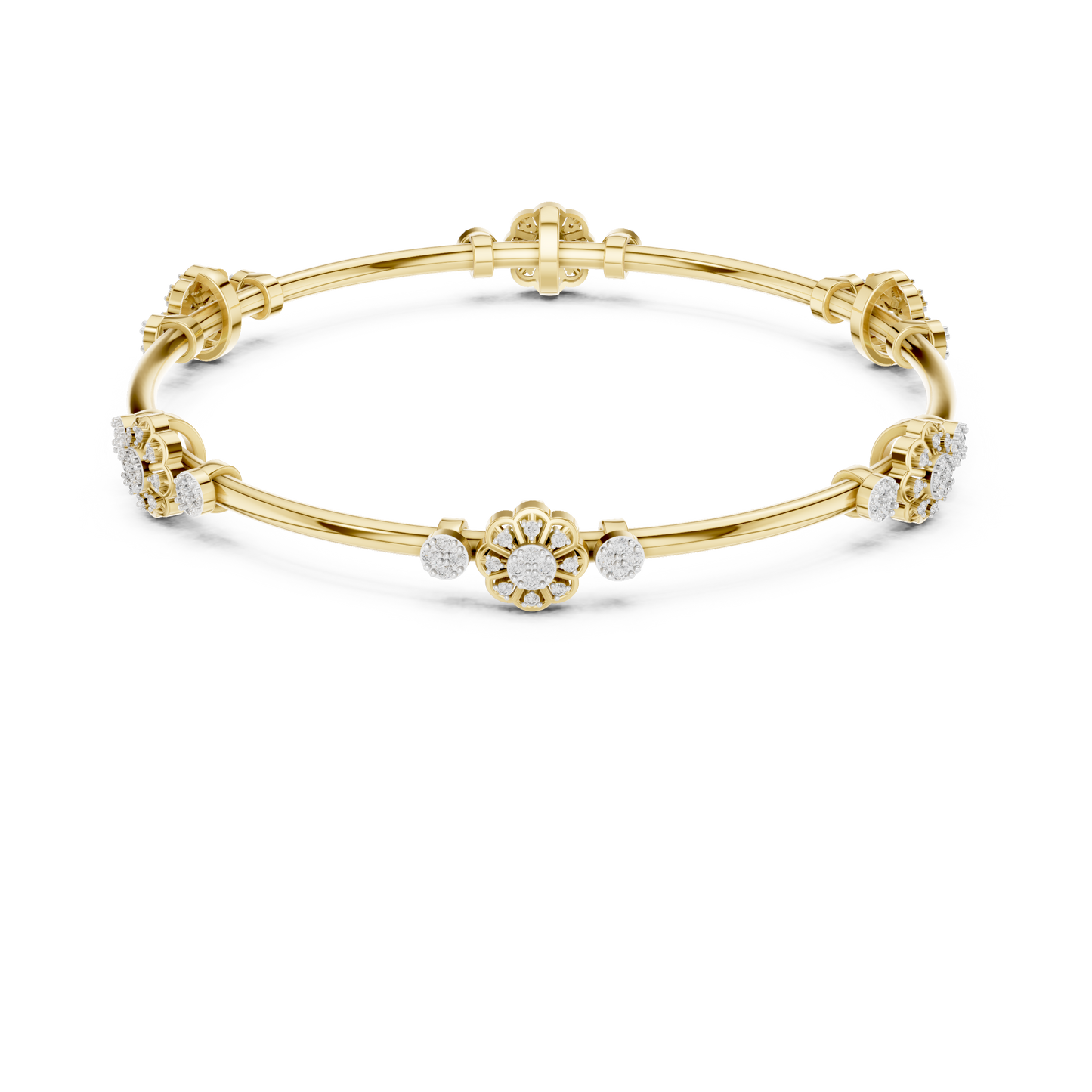 0.82CTW Floral Cluster Diamond Station Bangle - Yellow Gold Bracelet