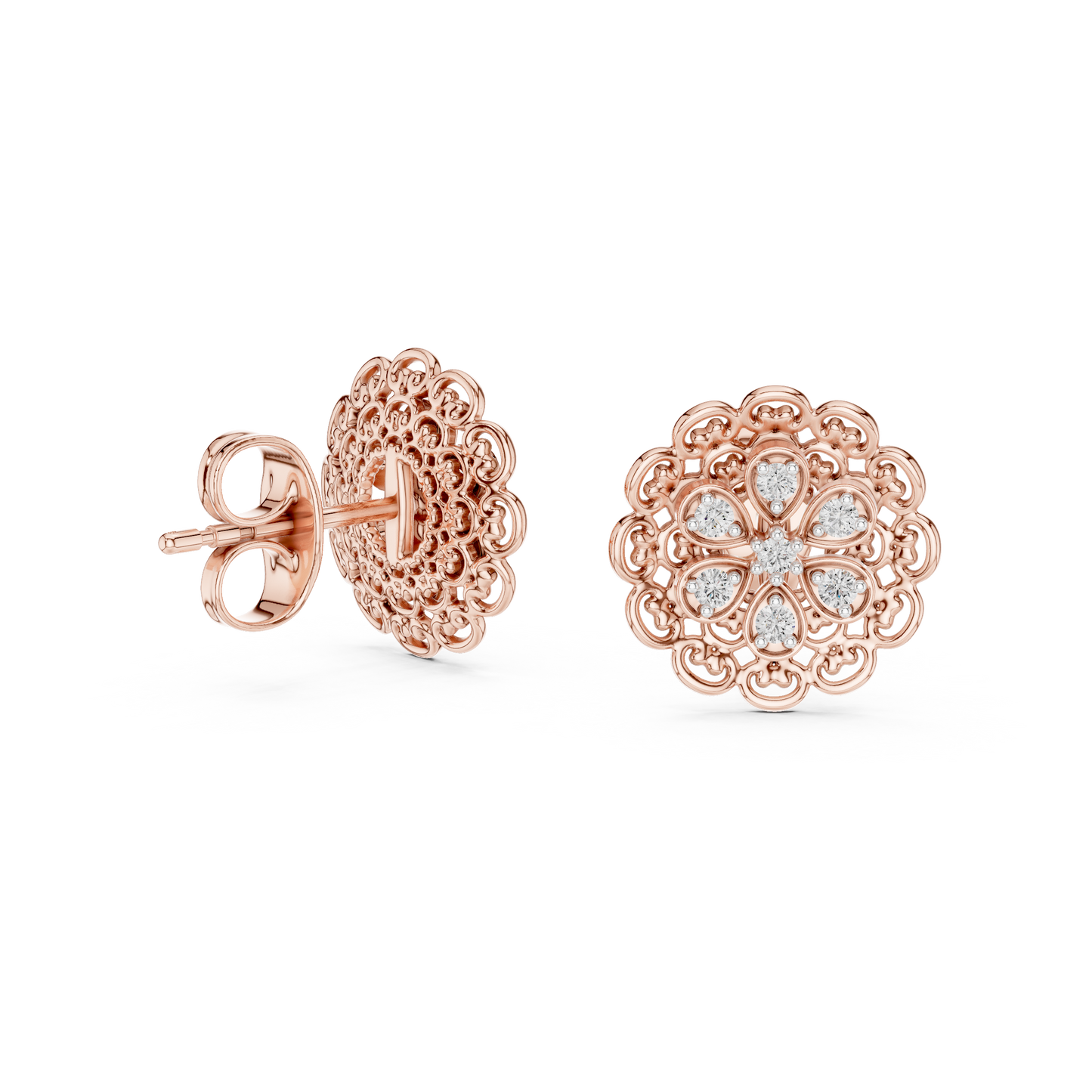 0.13ctw Yellow Gold Filigree Flower Mandala Stud Earrings with Diamond Cluster