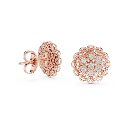 0.13ctw Yellow Gold Filigree Flower Mandala Stud Earrings with Diamond Cluster