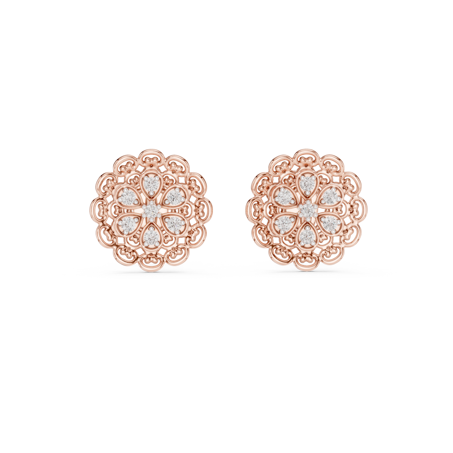 0.13ctw Yellow Gold Filigree Flower Mandala Stud Earrings with Diamond Cluster