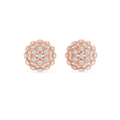 0.13ctw Yellow Gold Filigree Flower Mandala Stud Earrings with Diamond Cluster