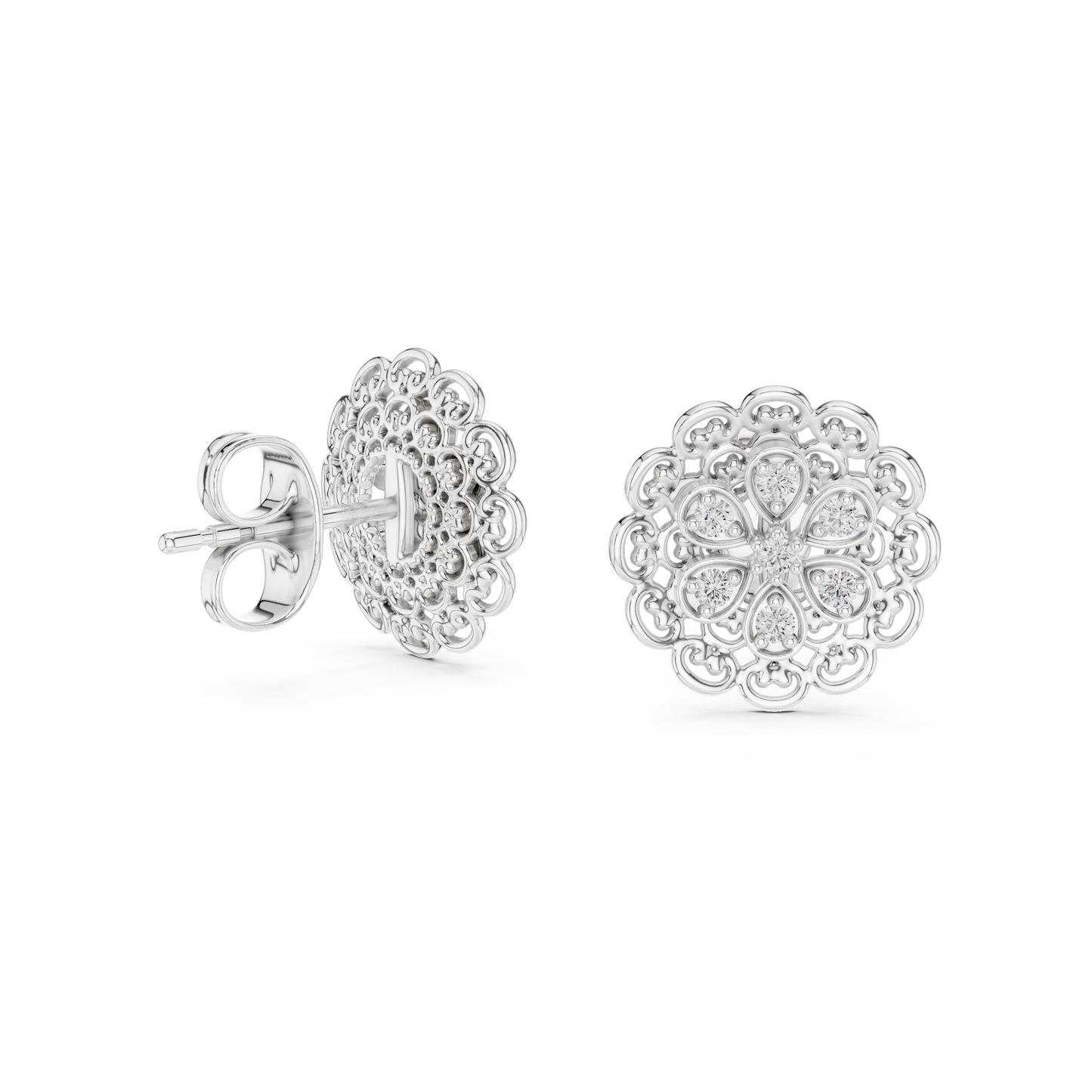 0.13ctw Yellow Gold Filigree Flower Mandala Stud Earrings with Diamond Cluster