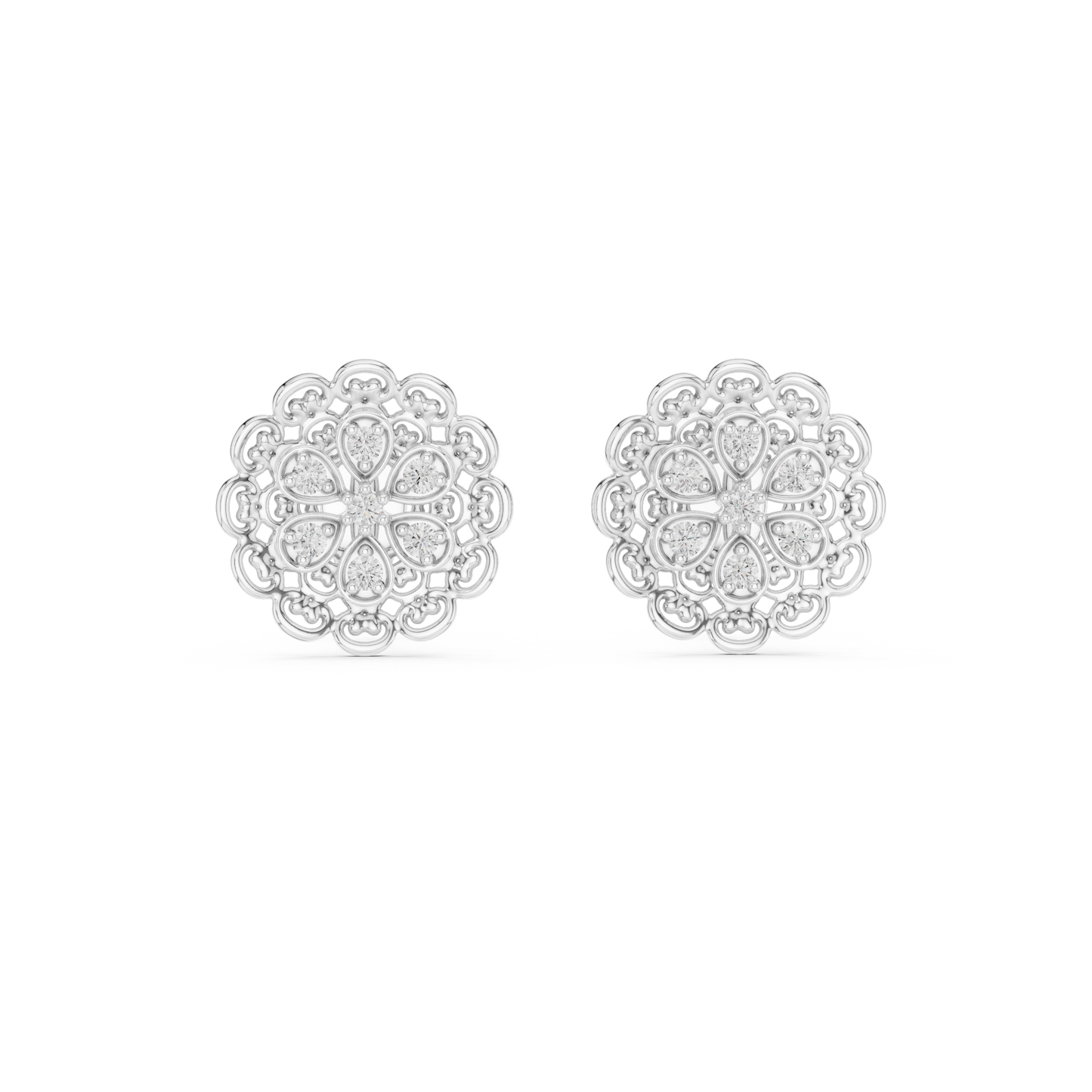 0.13ctw Yellow Gold Filigree Flower Mandala Stud Earrings with Diamond Cluster