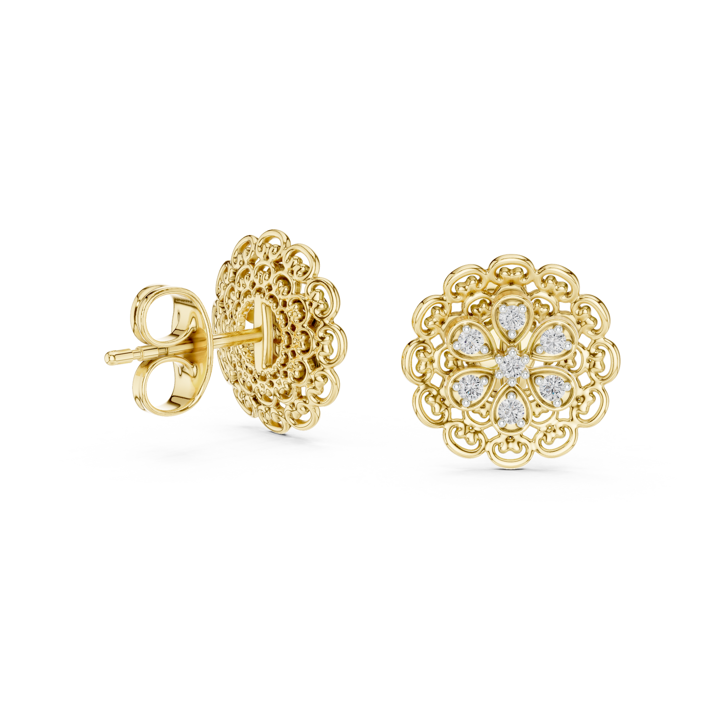 0.13ctw Yellow Gold Filigree Flower Mandala Stud Earrings with Diamond Cluster