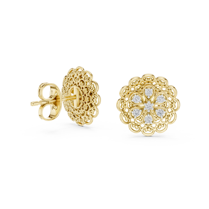 0.13ctw Yellow Gold Filigree Flower Mandala Stud Earrings with Diamond Cluster