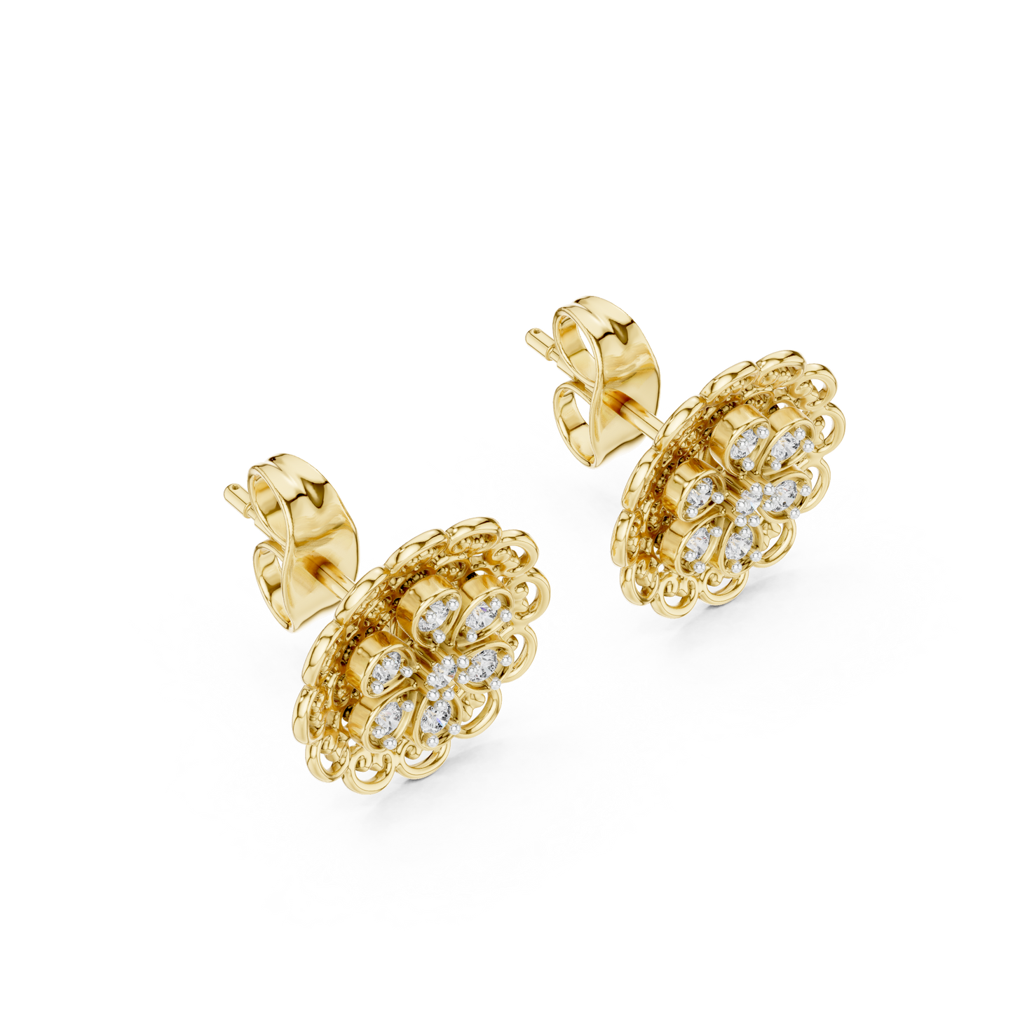 0.13ctw Yellow Gold Filigree Flower Mandala Stud Earrings with Diamond Cluster